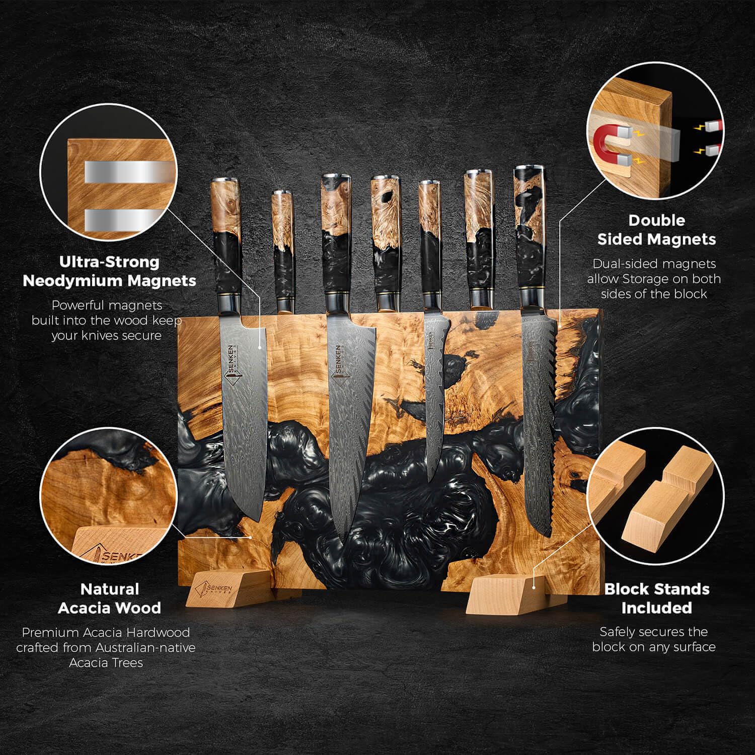 Senken Knives Black Tsunami magnet closeup highlighting ultra strong neodymium magnets for reliable storage.