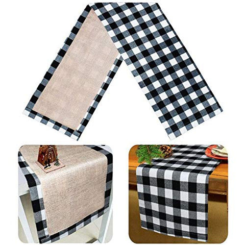 Senneny table runner with burlap and cotton plaid adds festive charm to your table.