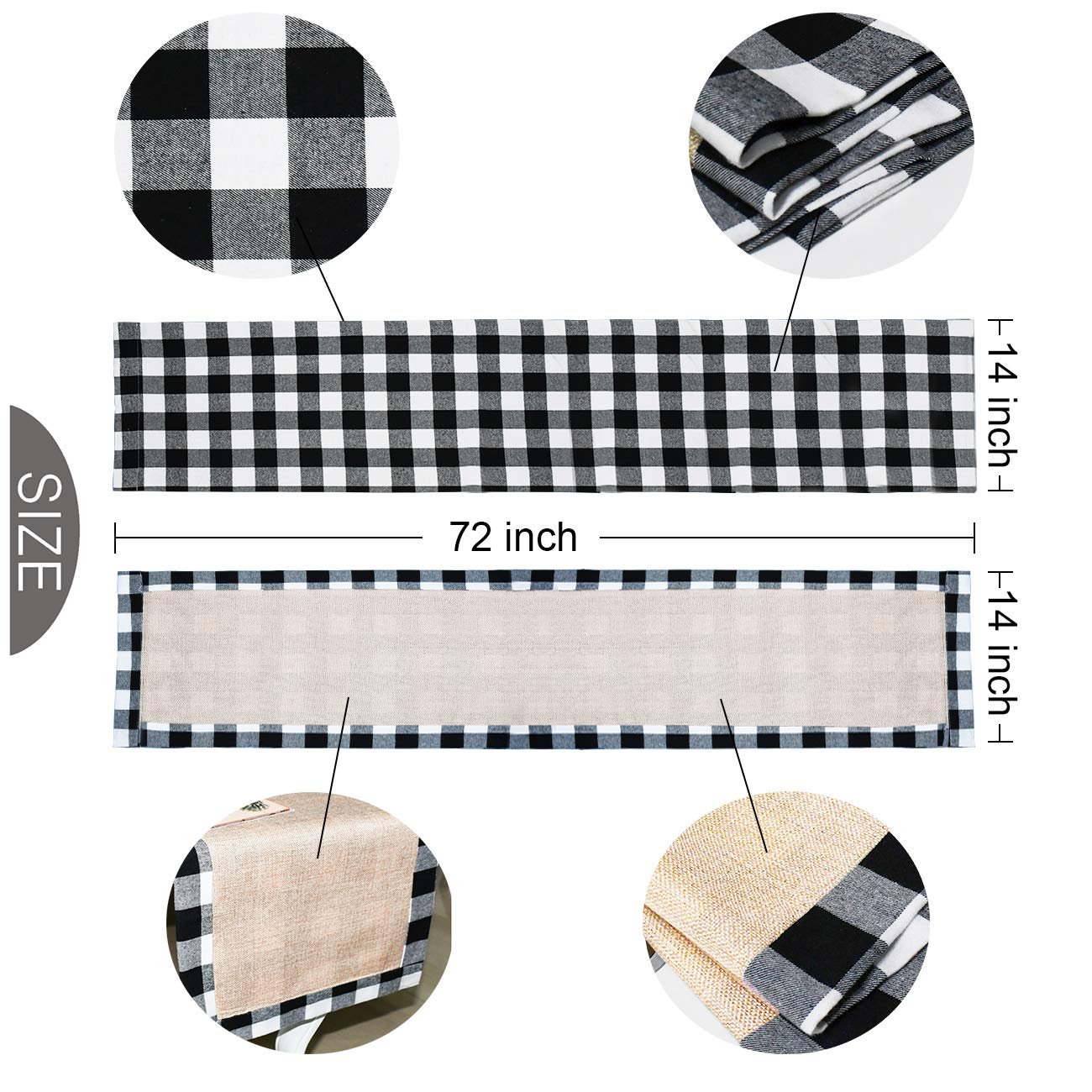 Senneny reversible buffalo plaid runner with black and white cotton boosts holiday decor.