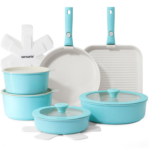 SENSARTE 17-piece turquoise cookware set displayed on a stove for versatile cooking.