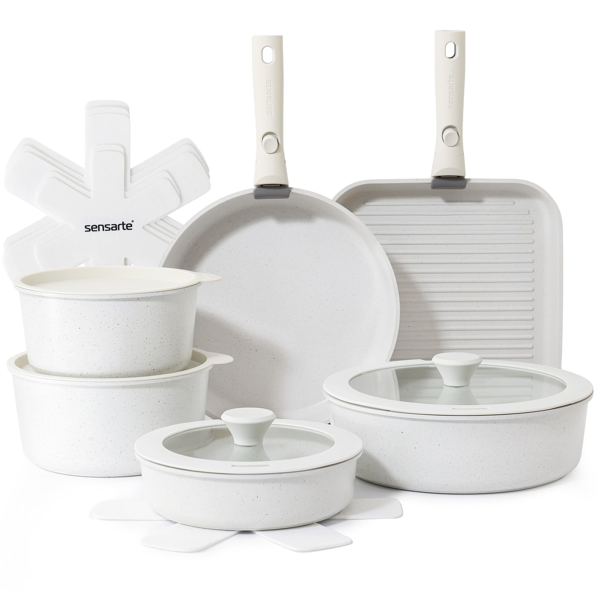 SENSARTE 17-piece pots and pans set with removable handles for compact RV storage.