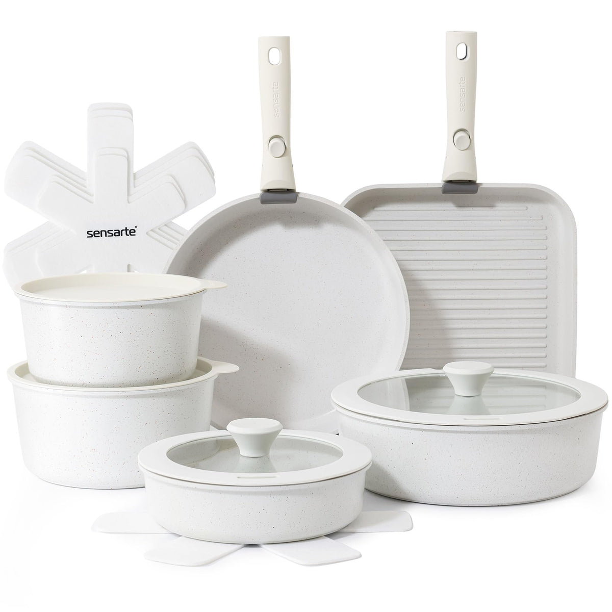 SENSARTE 17-piece pots and pans set with removable handles for compact RV storage.