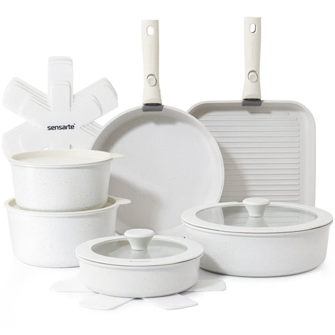 SENSARTE 17-piece pots and pans set with removable handles for compact RV storage.