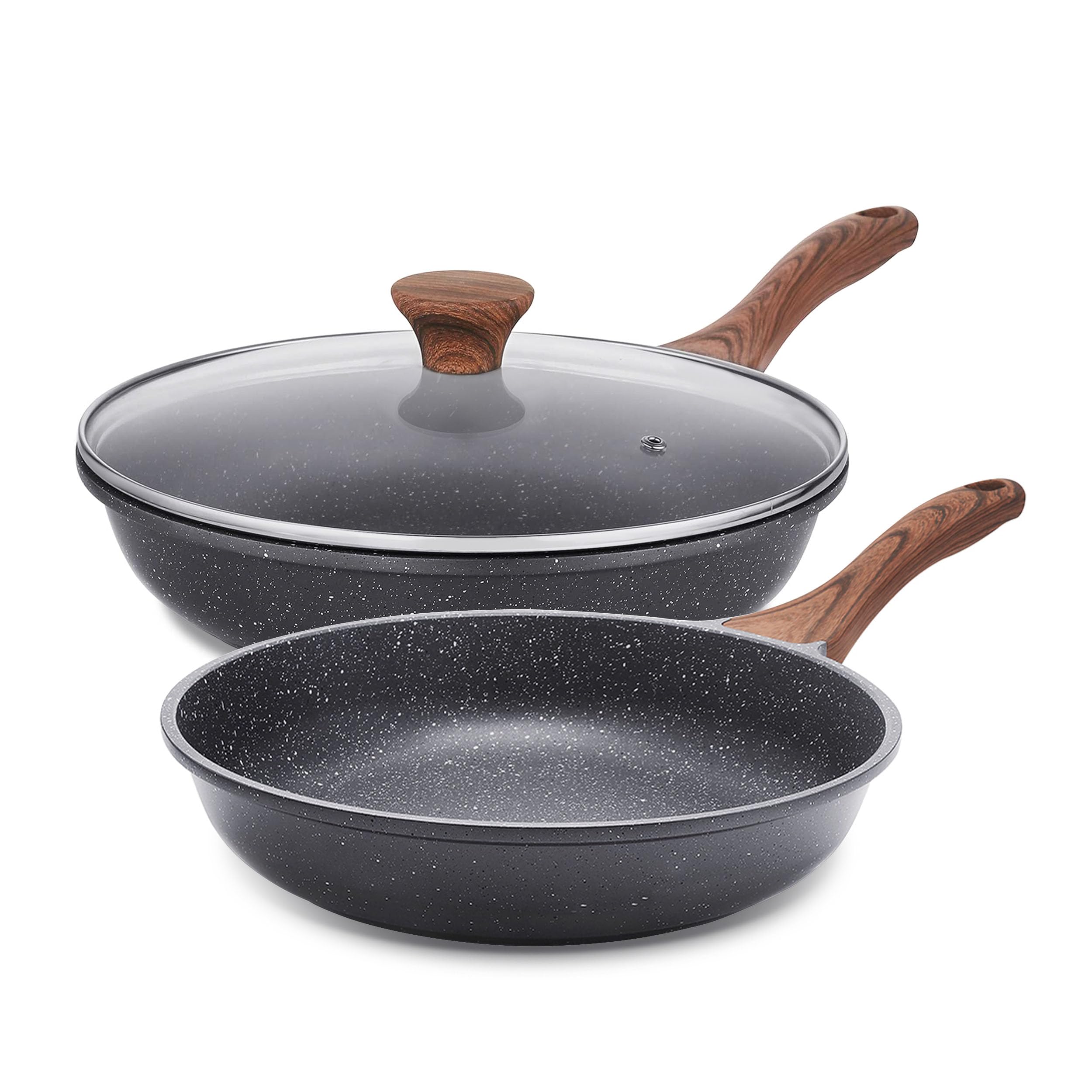 Sensarte 8-inch omelette pan with lid showing granite nonstick surface for easy egg cooking.
