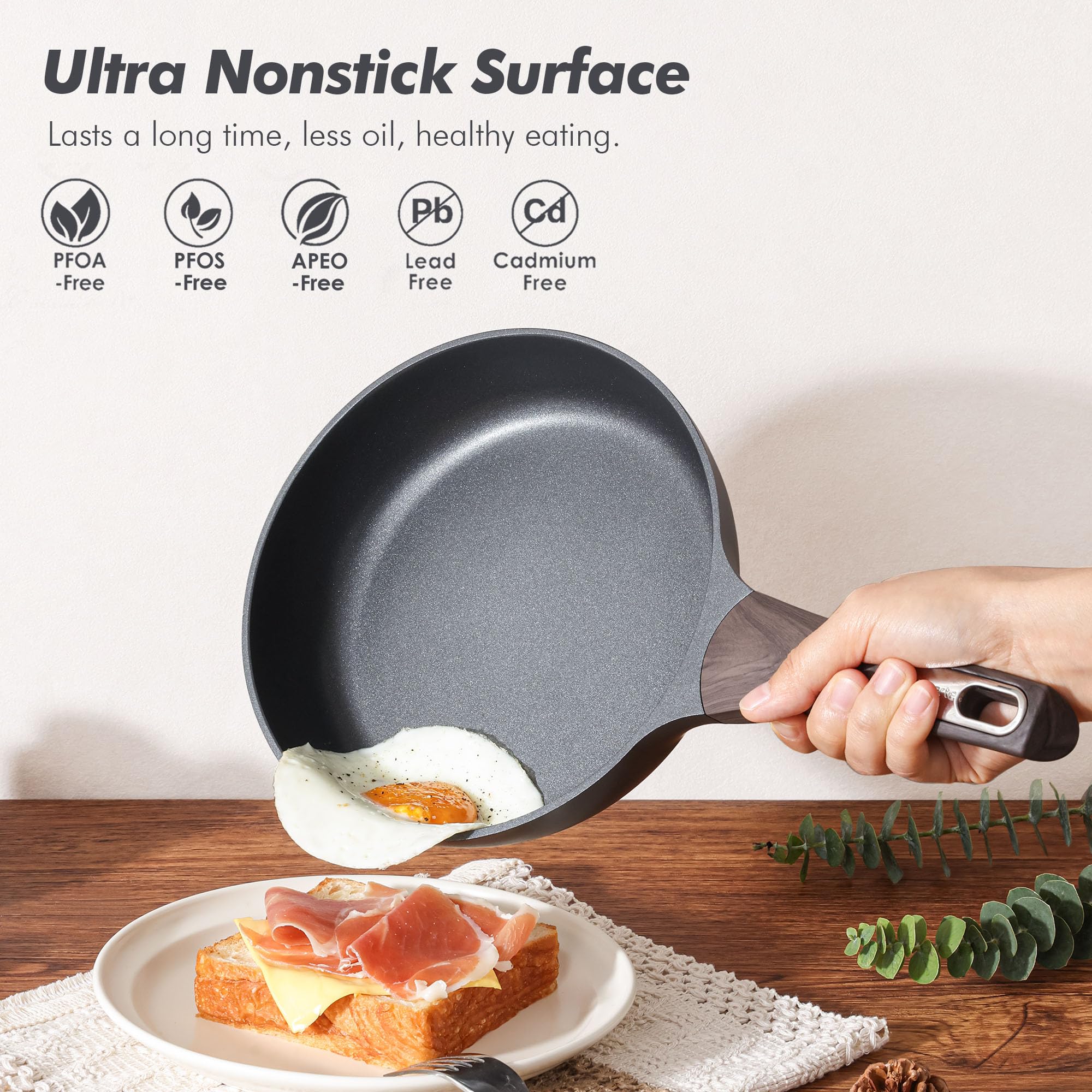 SENSARTE 8 and 11 inch frying pans showing nonstick coating for smooth food release