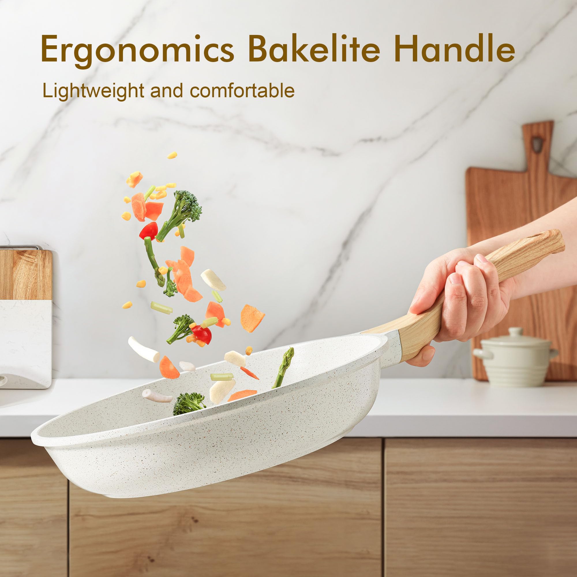 Sensarte bakelite heat-resistant handle close-up, woodgrain finish