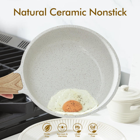 Sensarte ceramic skillet with eggs sliding off, ideal for quick omelets