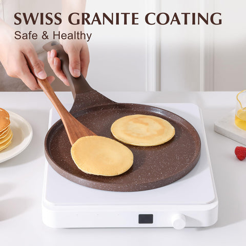 Sensarte crepe pan handle closeup highlighting stay-cool Bakelite grip.