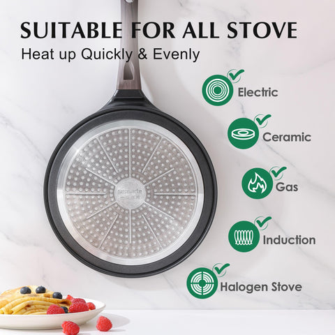 SENSARTE crepe pan wide-opening edge assists batter distribution and flipping.