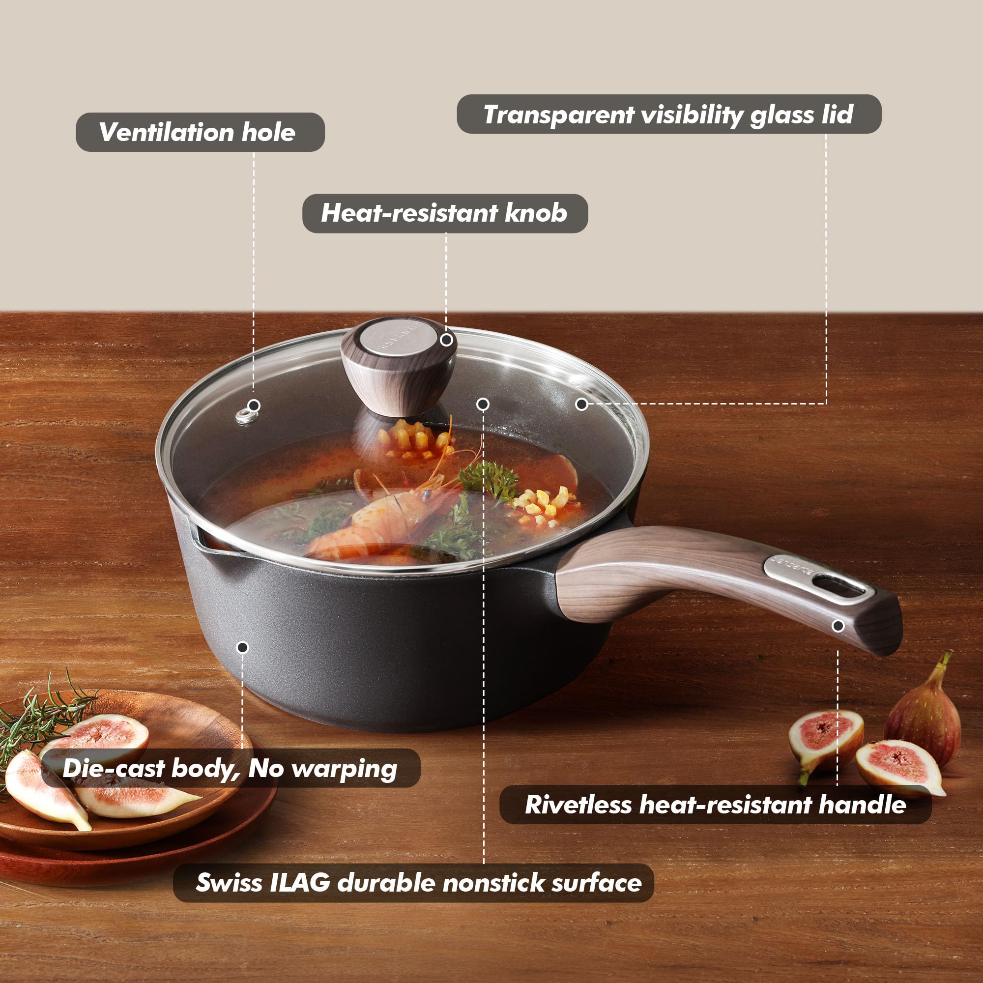 SENSARTE ergonomic wood-grain handles reduce fatigue during simmering.