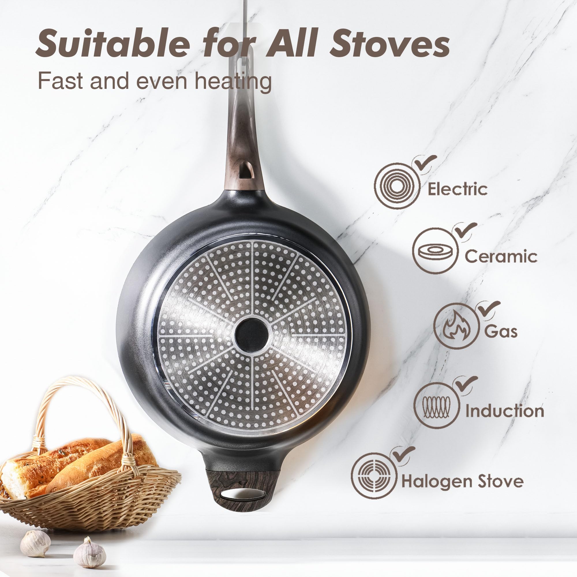 Sensarte pan with induction base delivers fast, even heating on all stoves.
