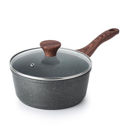SENSARTE nonstick saucepan with lid highlighting easy food release and low-oil cooking