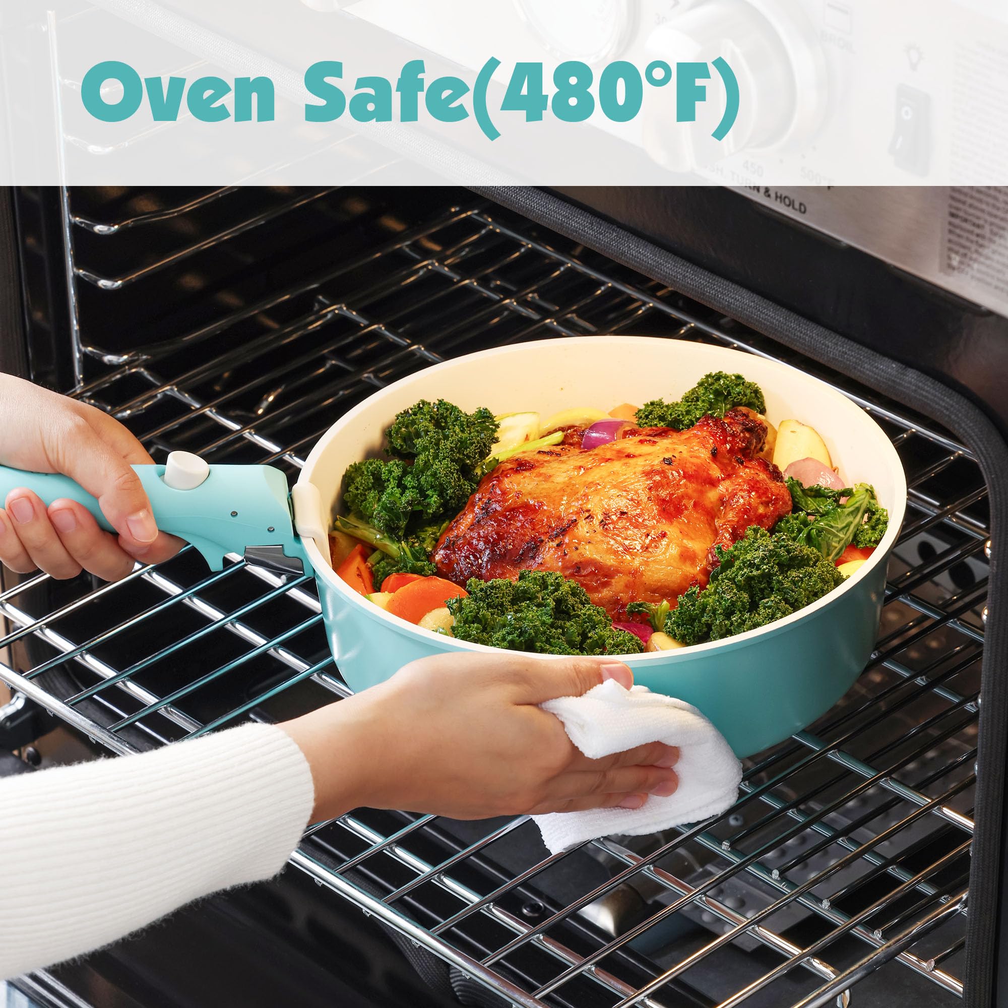 Turquoise oven-safe finish ready for finishing dishes in the oven.