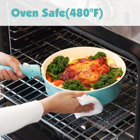 Turquoise oven-safe finish ready for finishing dishes in the oven.