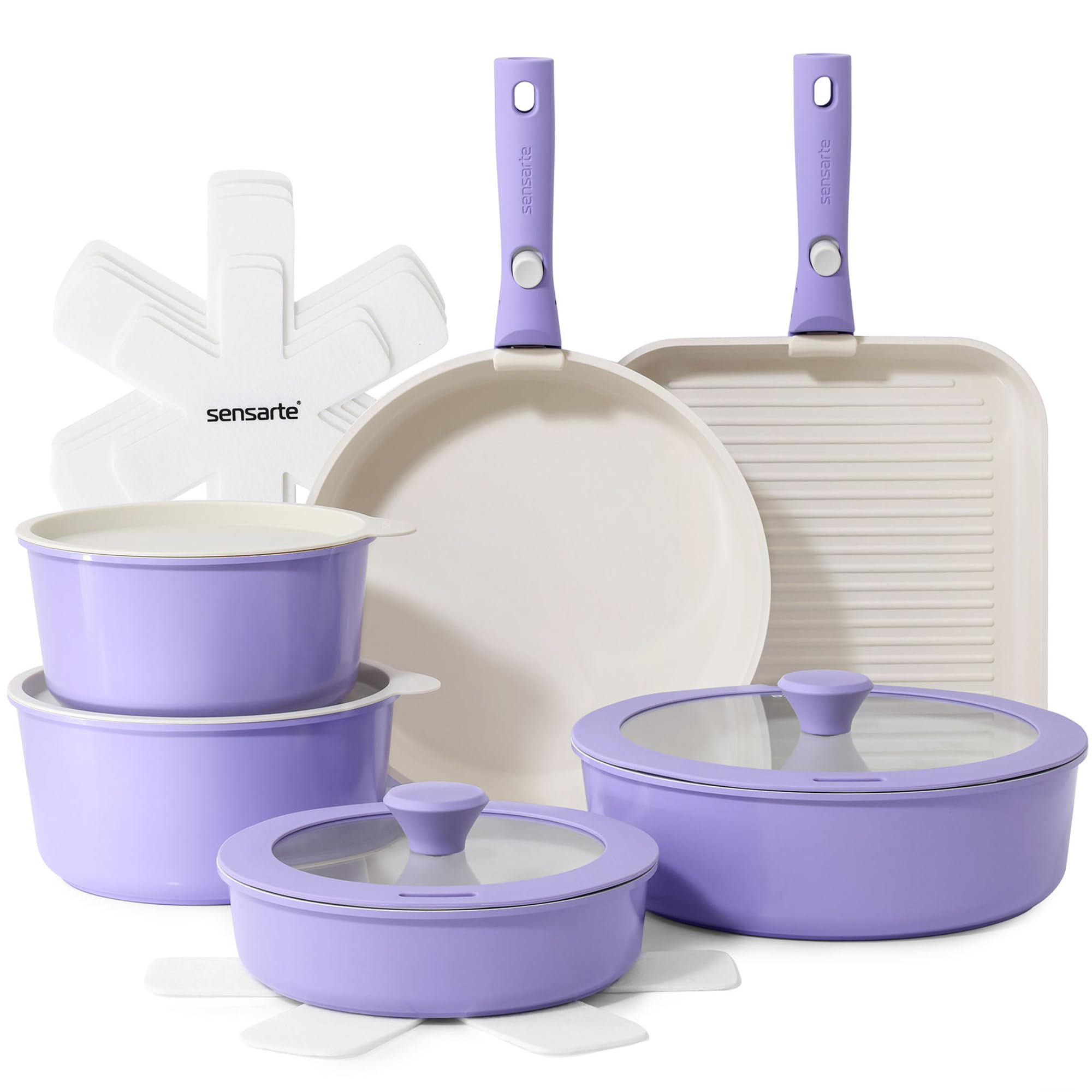 SENSARTE purple 17-piece set with removable handles for compact storage.