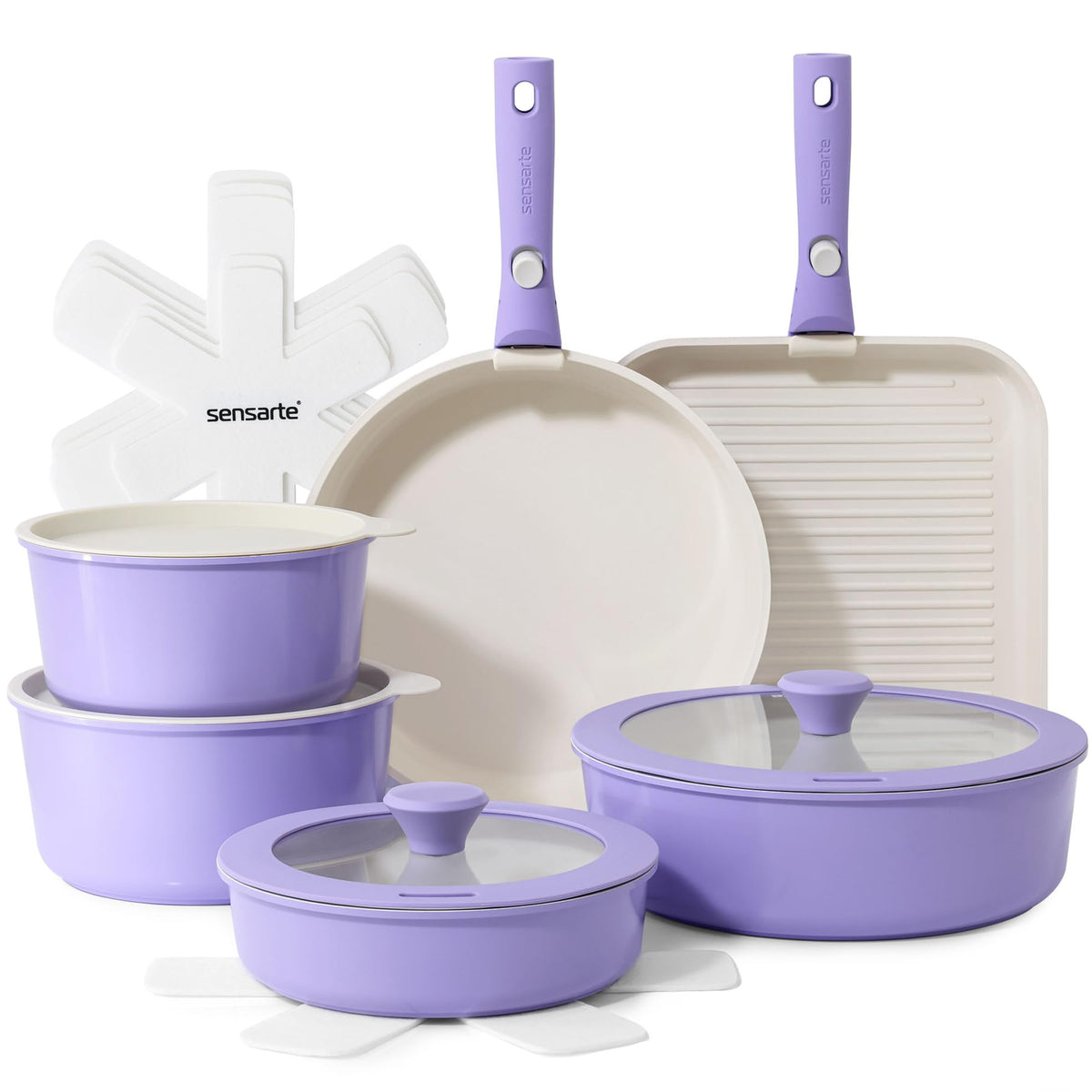 SENSARTE purple 17-piece set with removable handles for compact storage.