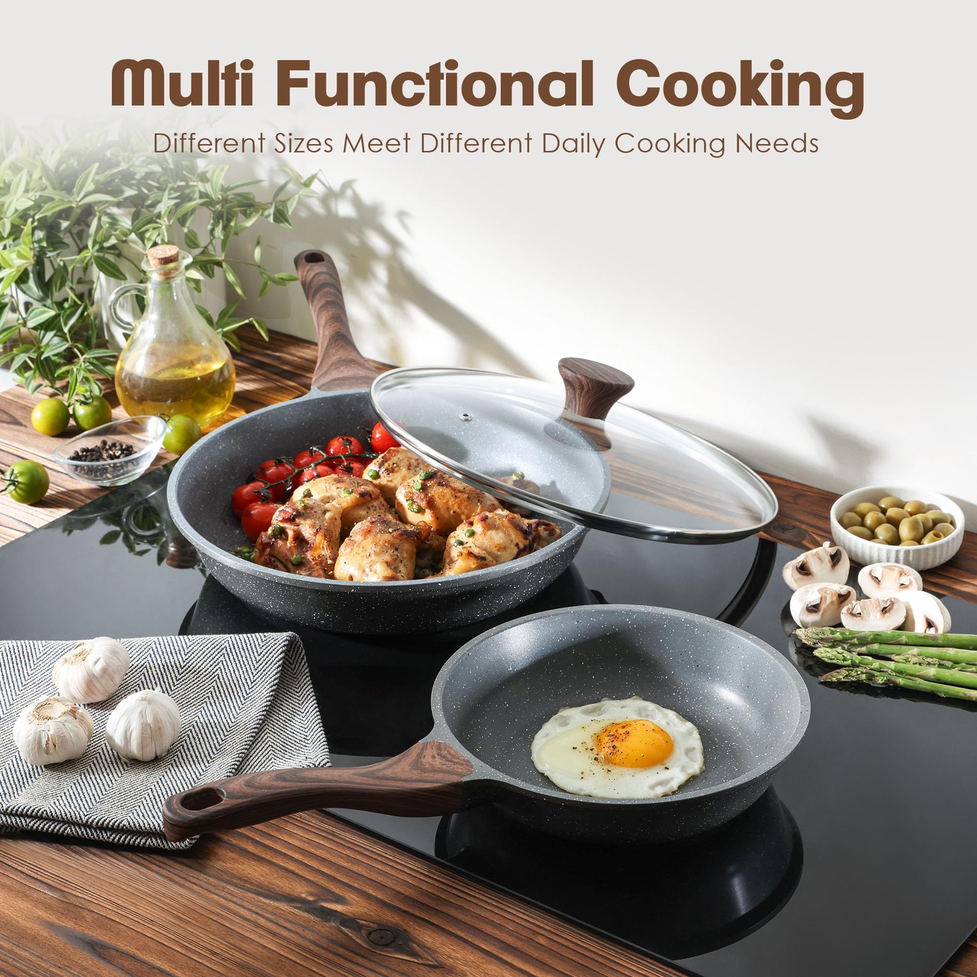 Sensarte stay-cool handle with glass lid helps monitor cooking safely.