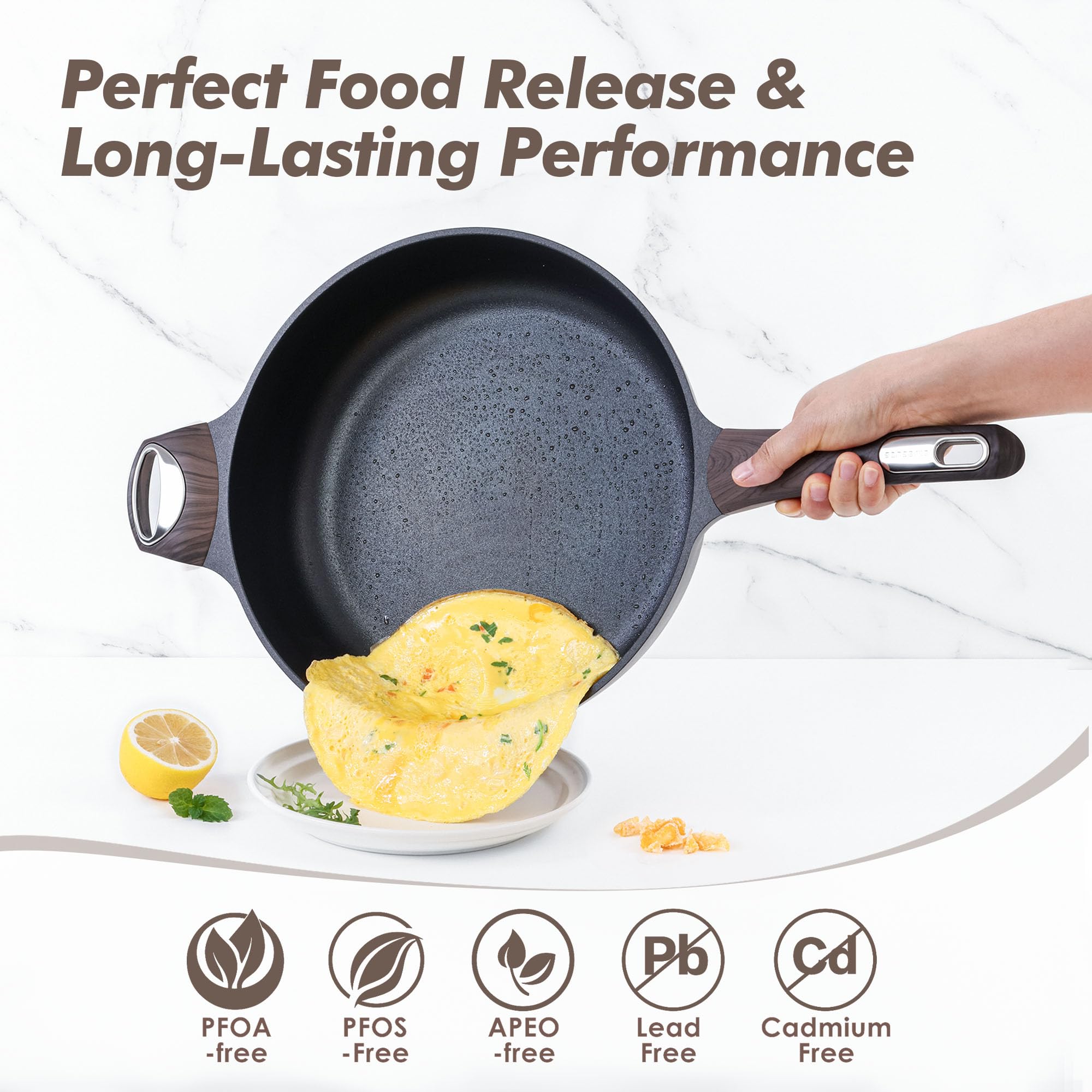 Sensarte pan with tempered glass lid provides visibility and splash control.