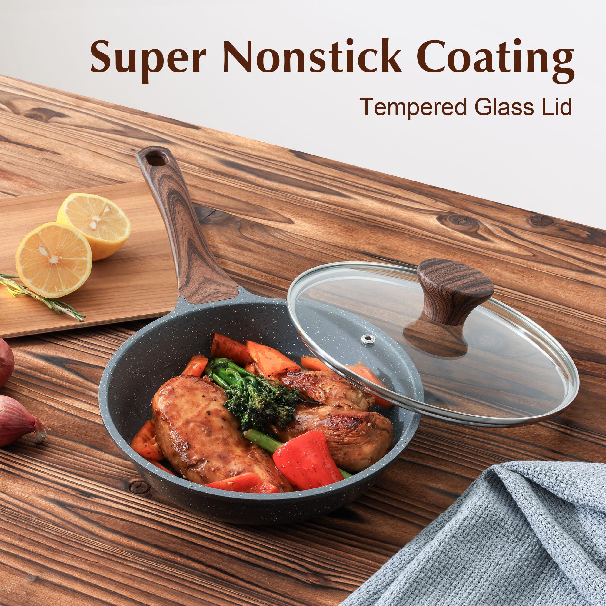 Tempered glass lid on a SENSARTE pan shows cooking progress and reduces splatter.