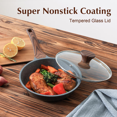 Tempered glass lid on a SENSARTE pan shows cooking progress and reduces splatter.