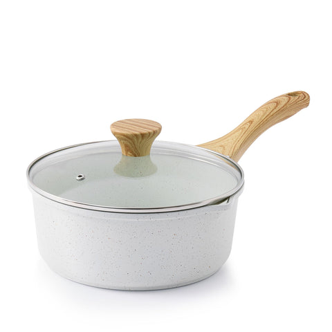 SENSARTE white ceramic nonstick saucepan with double spout for easy pouring on both sides.