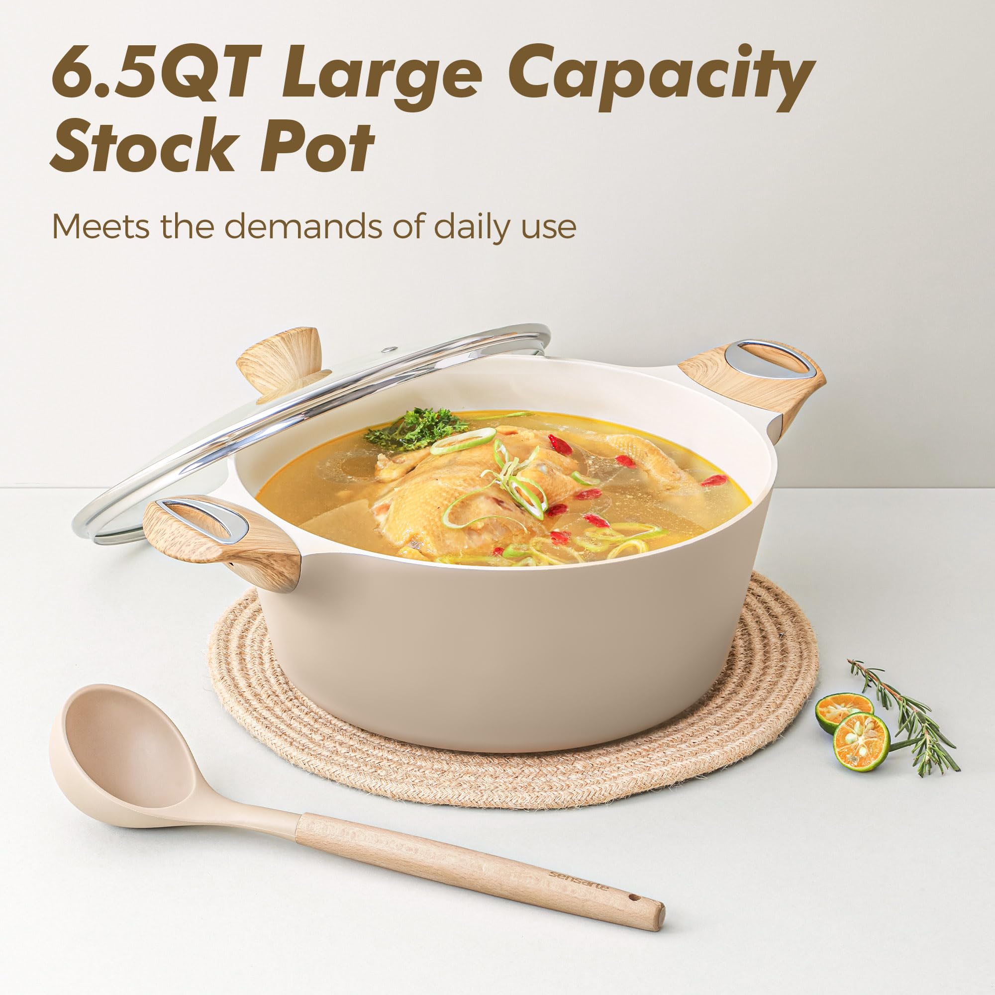 SENSARTE wood-grain Bakelite handles offer comfortable grip and reduced heat transfer.