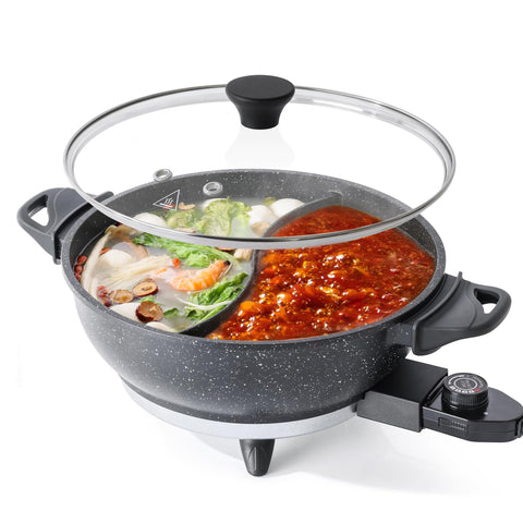 SENSCHEF electric hot pot with divider, top view highlighting even heating capability