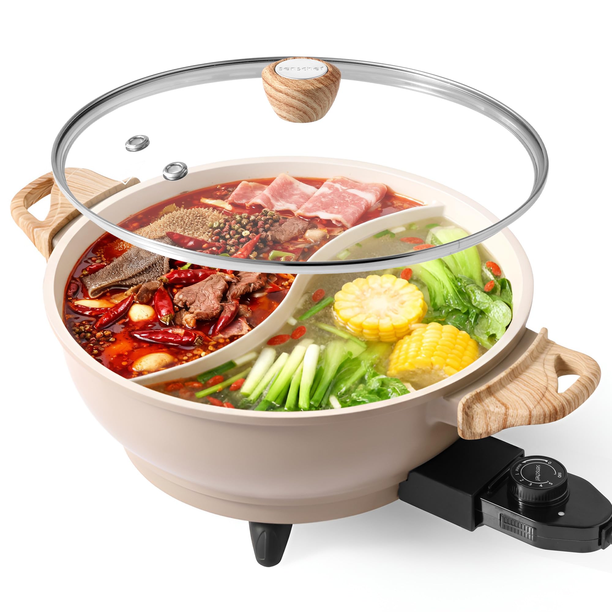 SENSCHEF electric hot pot with divider for two broths, ideal for family dinners.