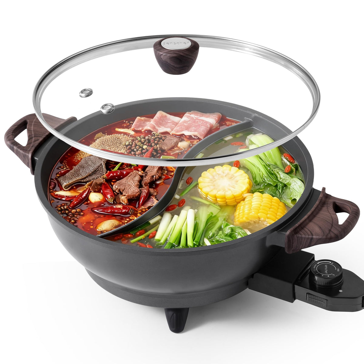 SENSCHEF electric hot pot with divider showing independent cooking zones for two broths, reducing cross-flavor mixing.