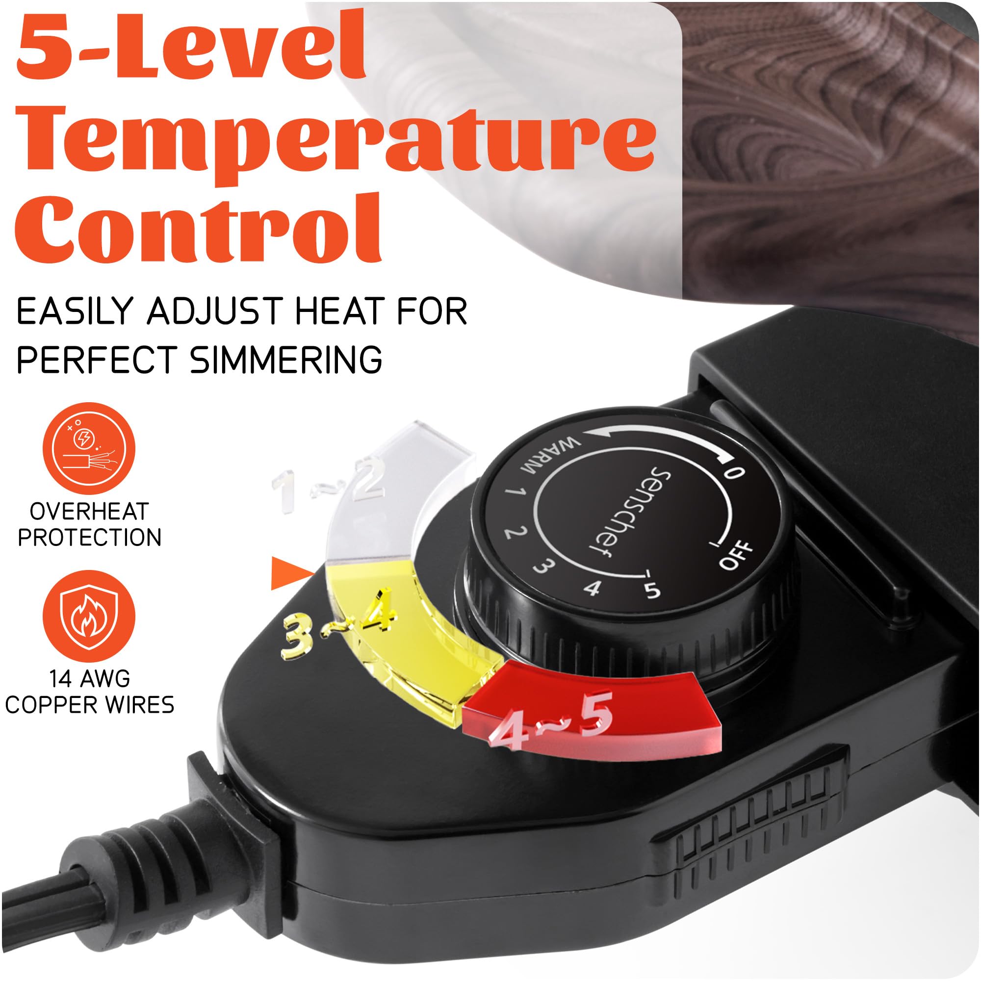 SENSCHEF extended 4ft power cord enables flexible tabletop cooking.