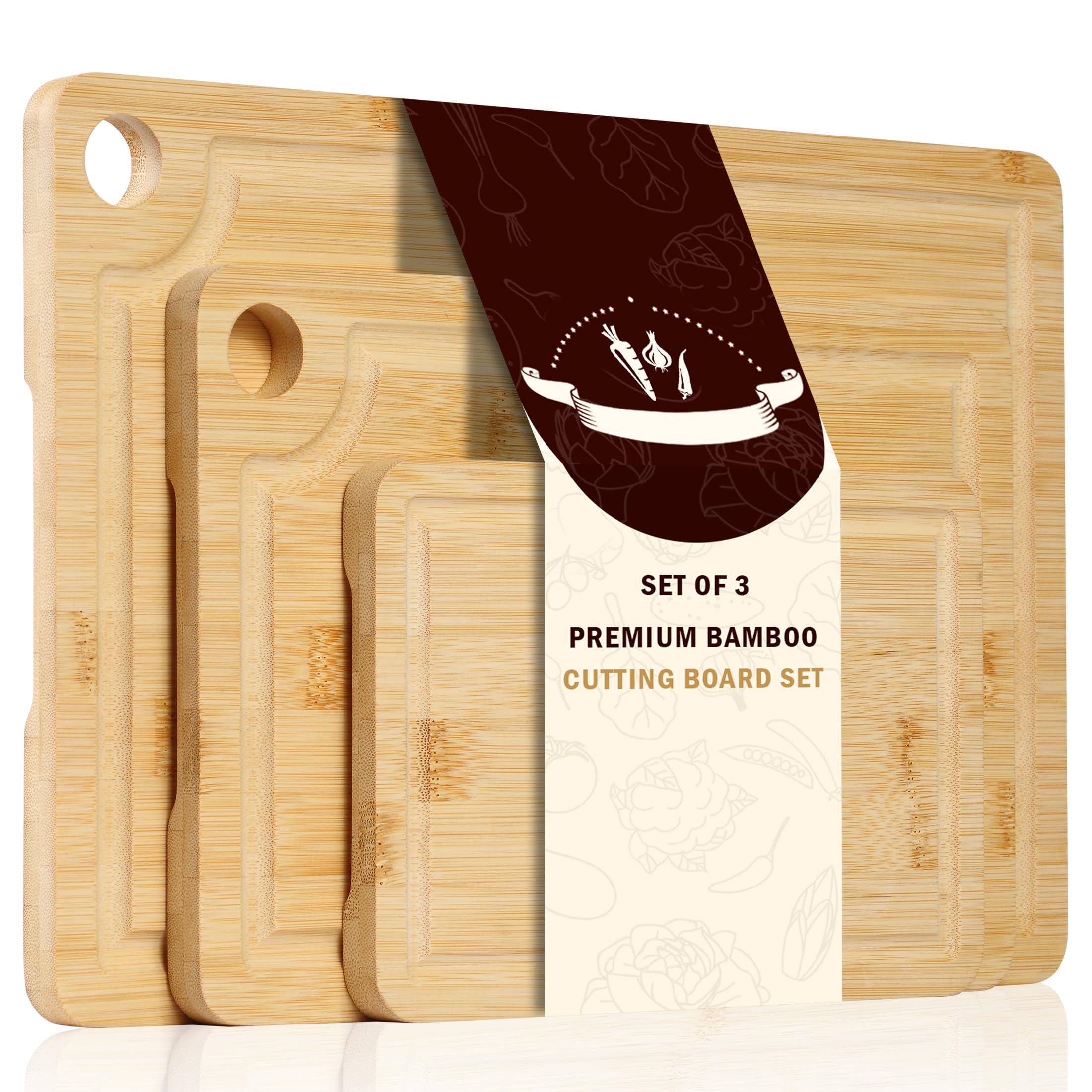Sentk bamboo cutting boards set for meal prep and serving on the counter.