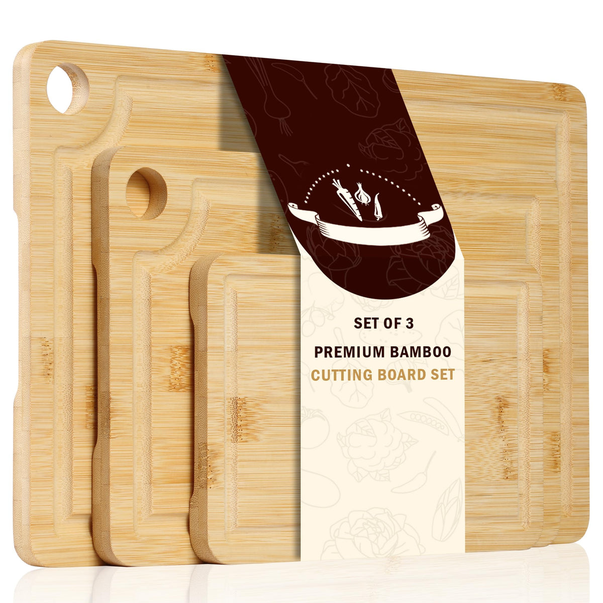 Sentk bamboo cutting boards set for meal prep and serving on the counter.