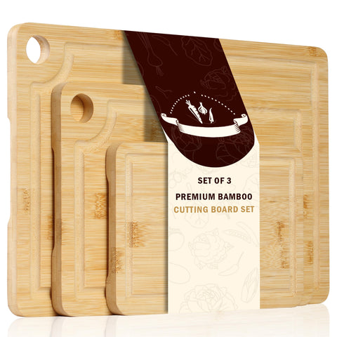 Sentk bamboo cutting boards set for meal prep and serving on the counter.