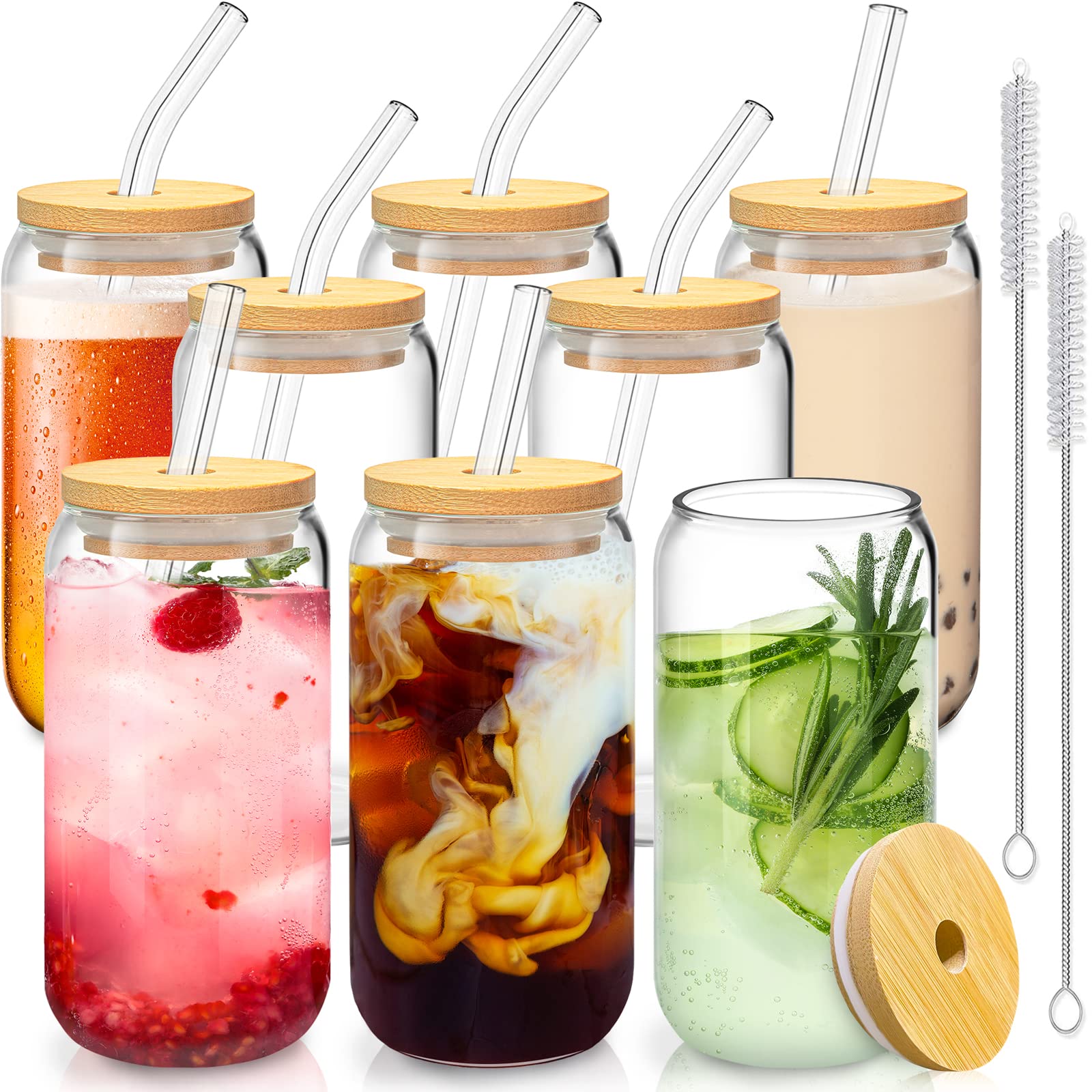SENTVEND 16oz glass cups with bamboo lids, front view, ideal for iced coffee