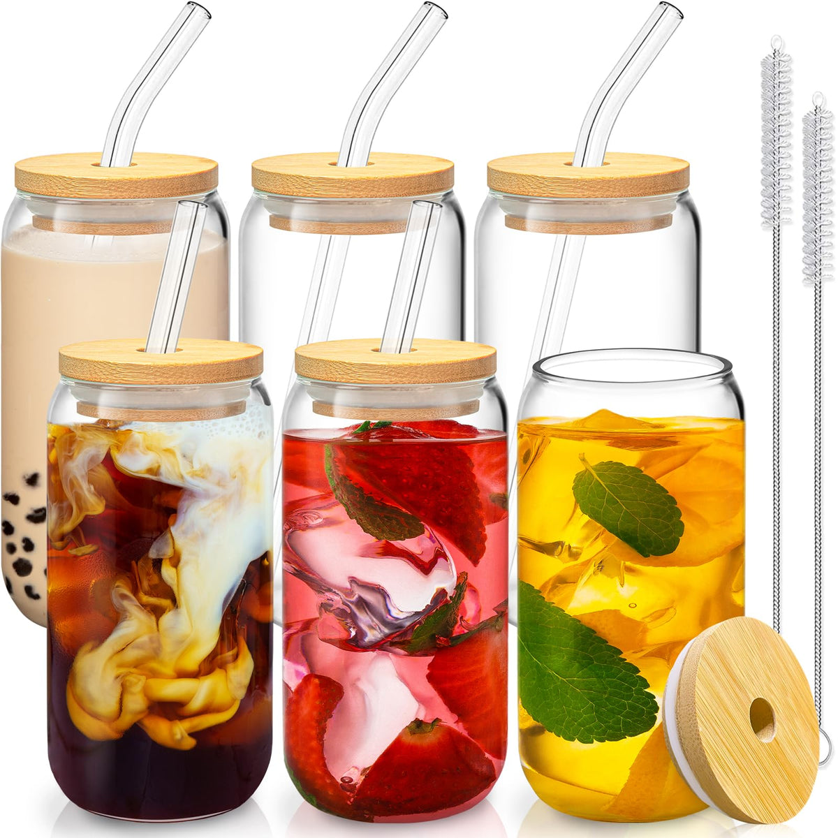 SENTVEND 16oz glass cups with bamboo lids and glass straws ready for iced coffee or beer.