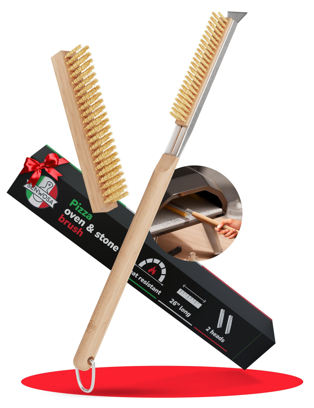 Senwosa 26-inch pizza oven brush with long handle safely cleans hot oven surfaces.