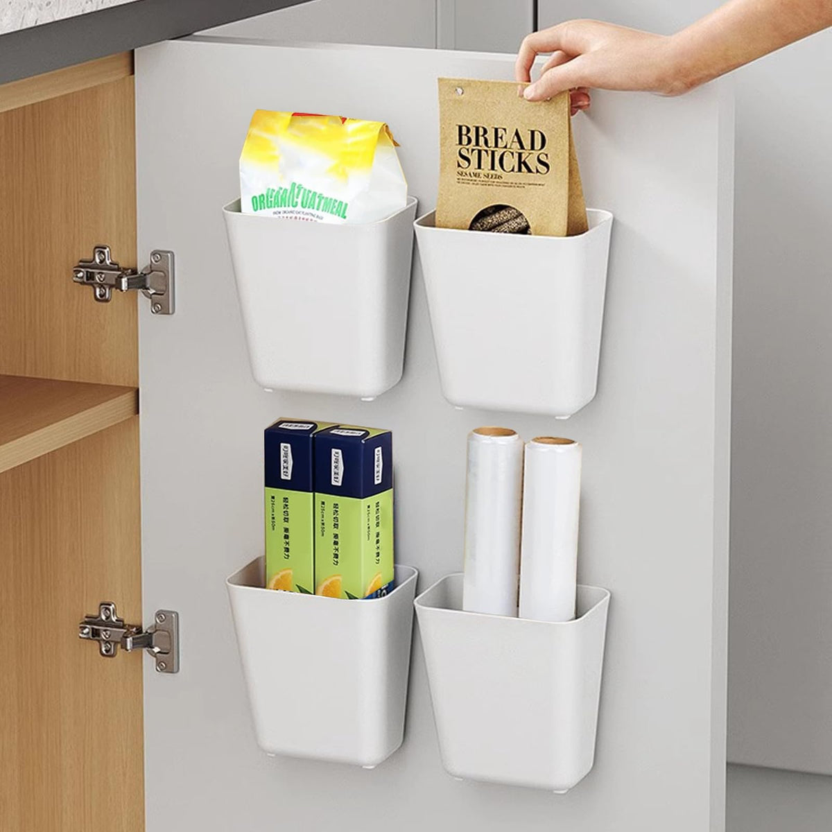 Senylanhxy door storage box mounted on a cabinet door to declutter spices and tiny items.