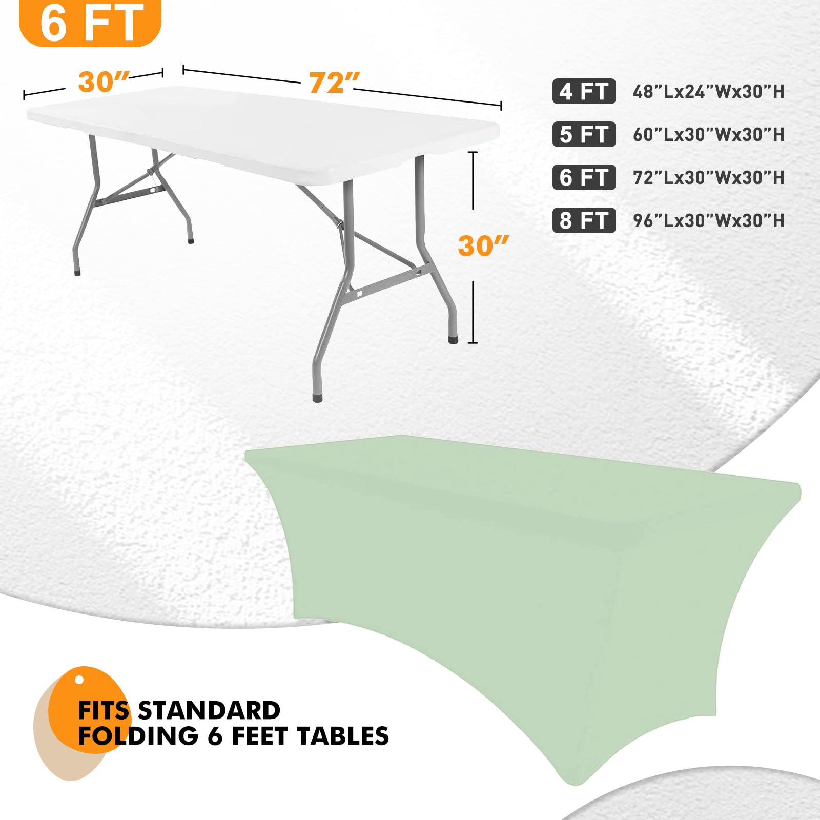 SEPARO 6ft sage green tablecloth highlights four elastic leg pockets for secure placement.