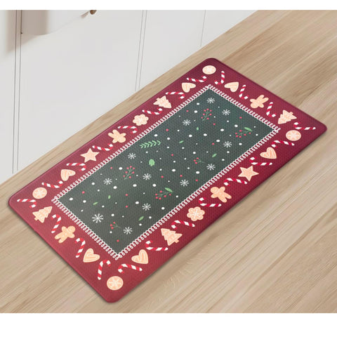 Serafina Home Christmas Kitchen Mat with dark gray snowflake center, cozy winter vibe.