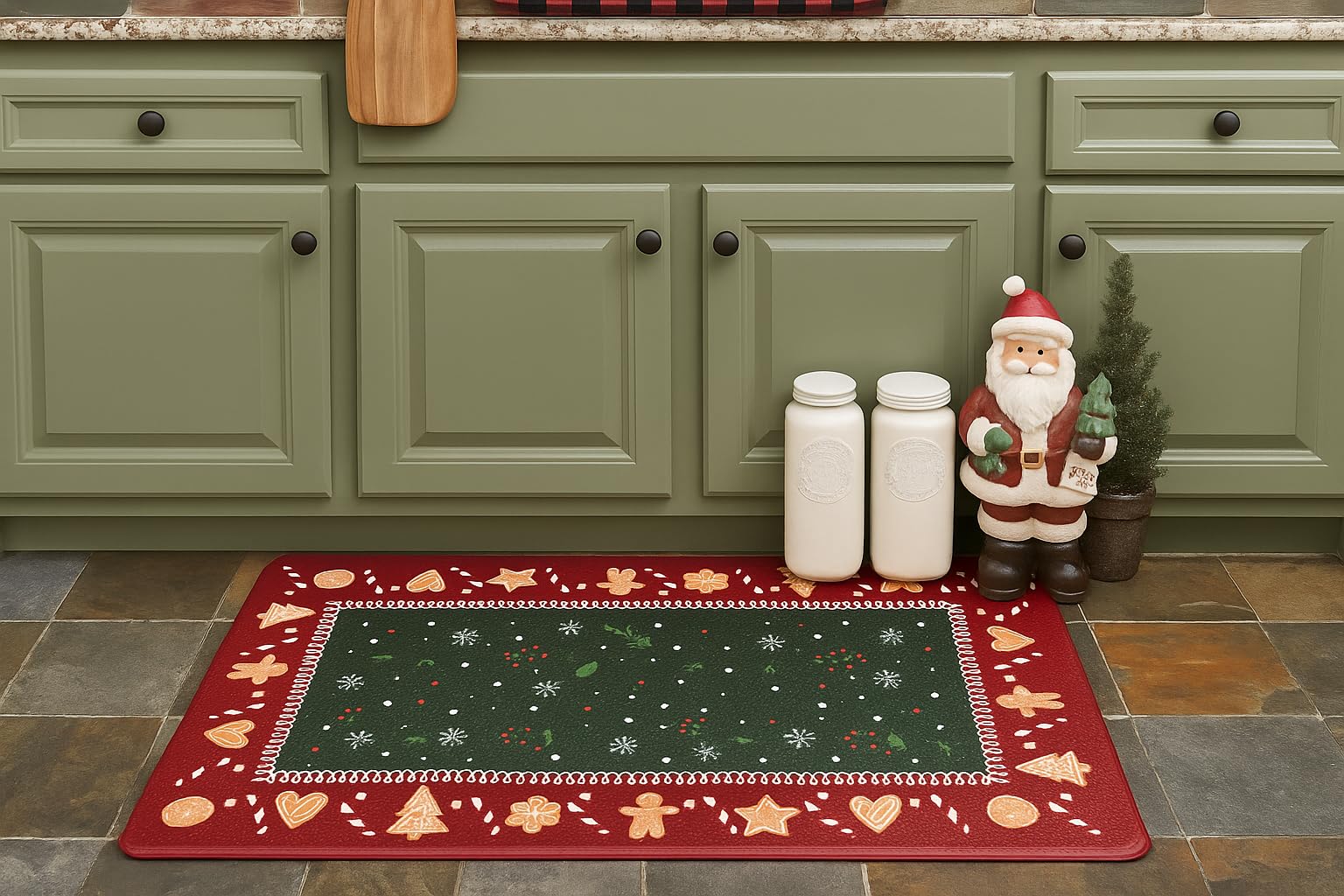 Serafina Home mat highlights non-slip backing for stable kitchen use.