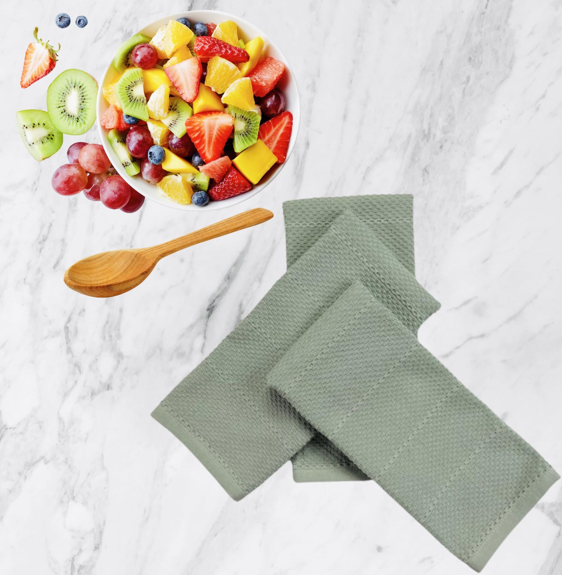 Serafina Home sage green towels demonstrate multipurpose use for drying and decor.