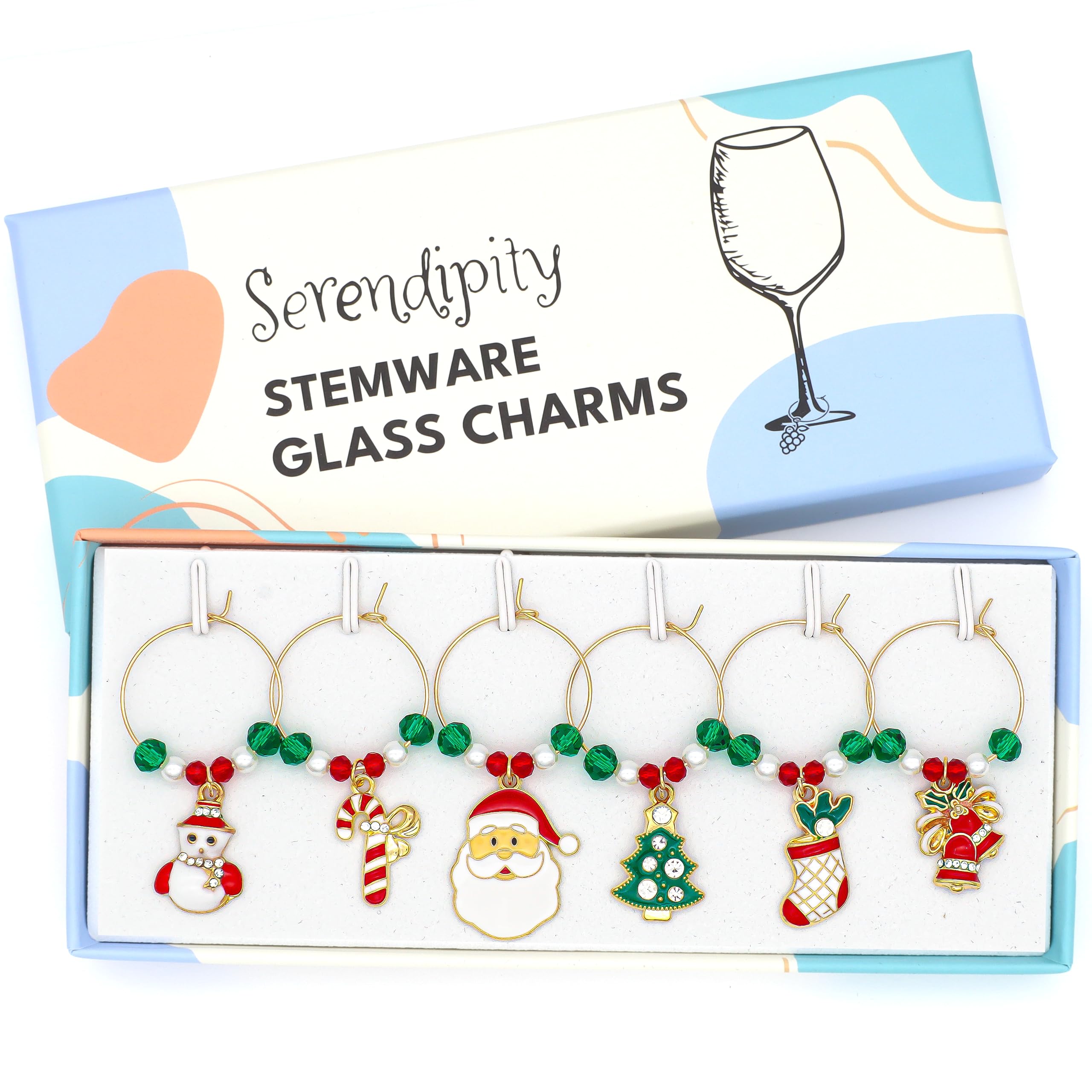 Serendipity Santa charm on a wine glass for festive party flair