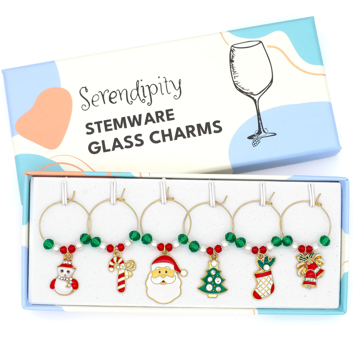 Serendipity Santa charm on a wine glass for festive party flair