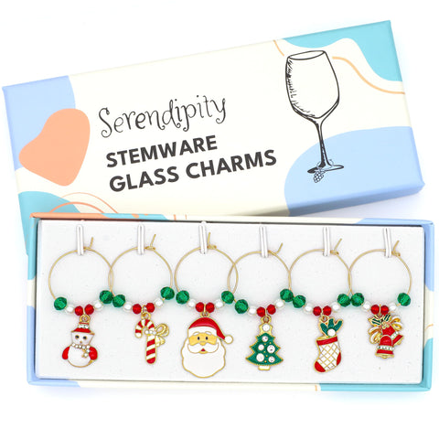Serendipity Santa charm on a wine glass for festive party flair