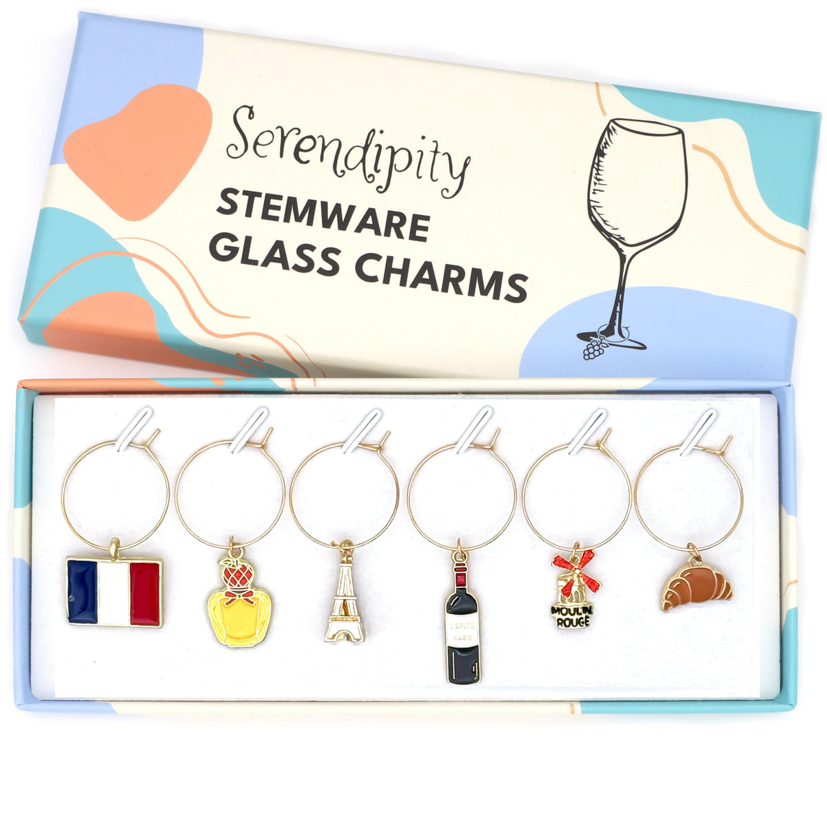 Serendipity France charm with flag for easy glass identification at gatherings