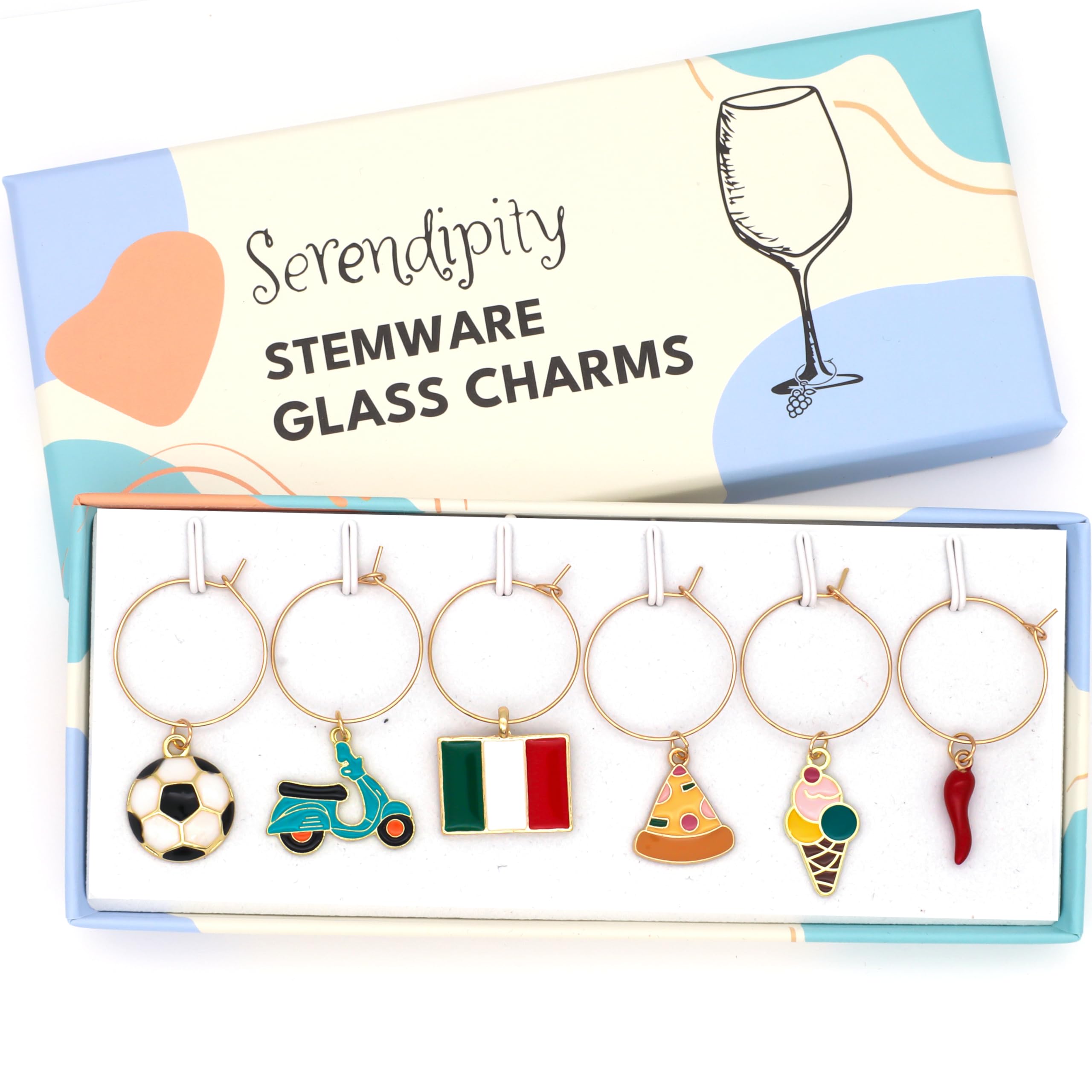 Serendipity Italian wine charms flag ideal for labeling glasses at gatherings.