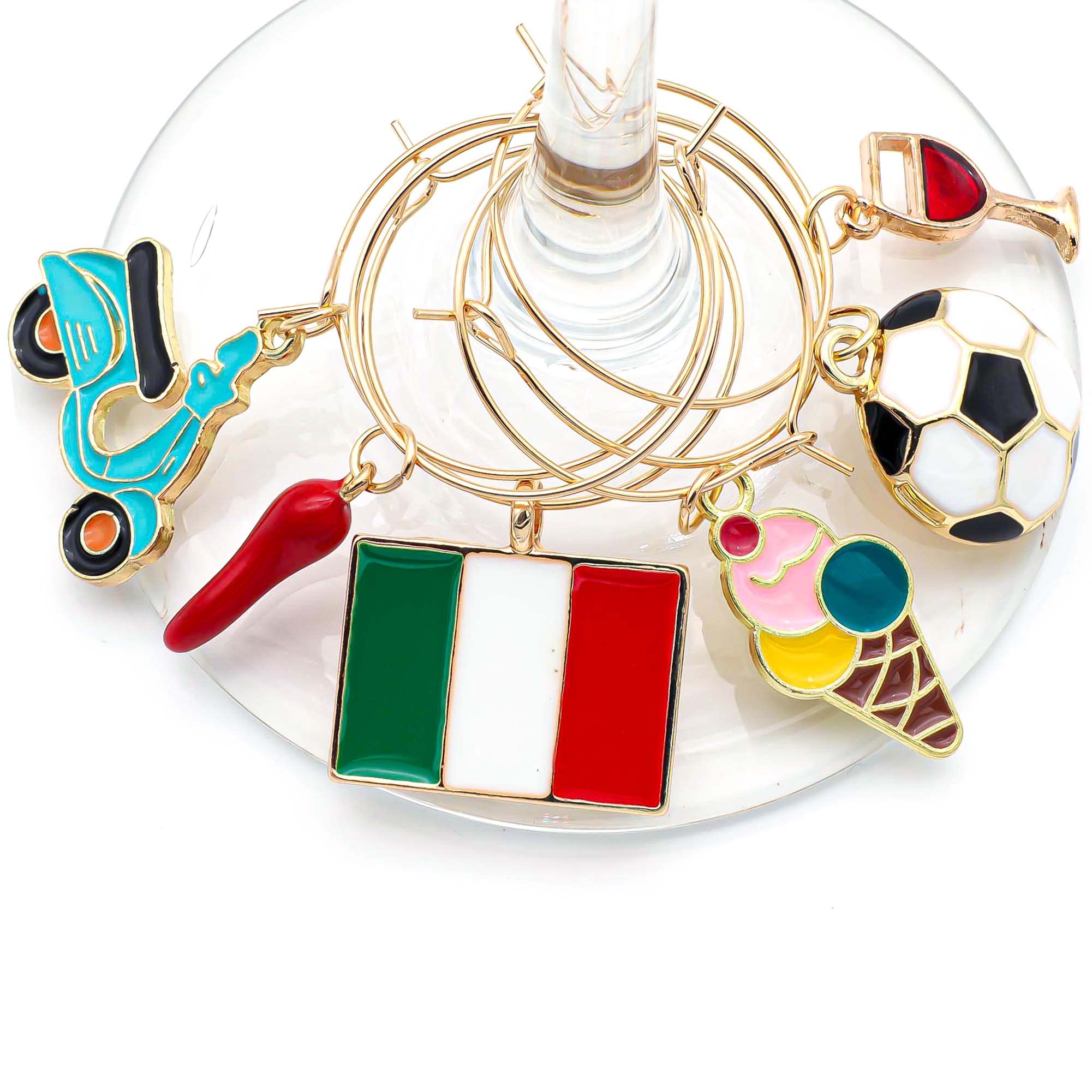 Serendipity gold hoop attachment secures charms to wine stems with ease.