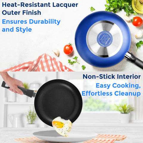 SereneLife blue 8-inch fry pan for crisp results and easy flipping.