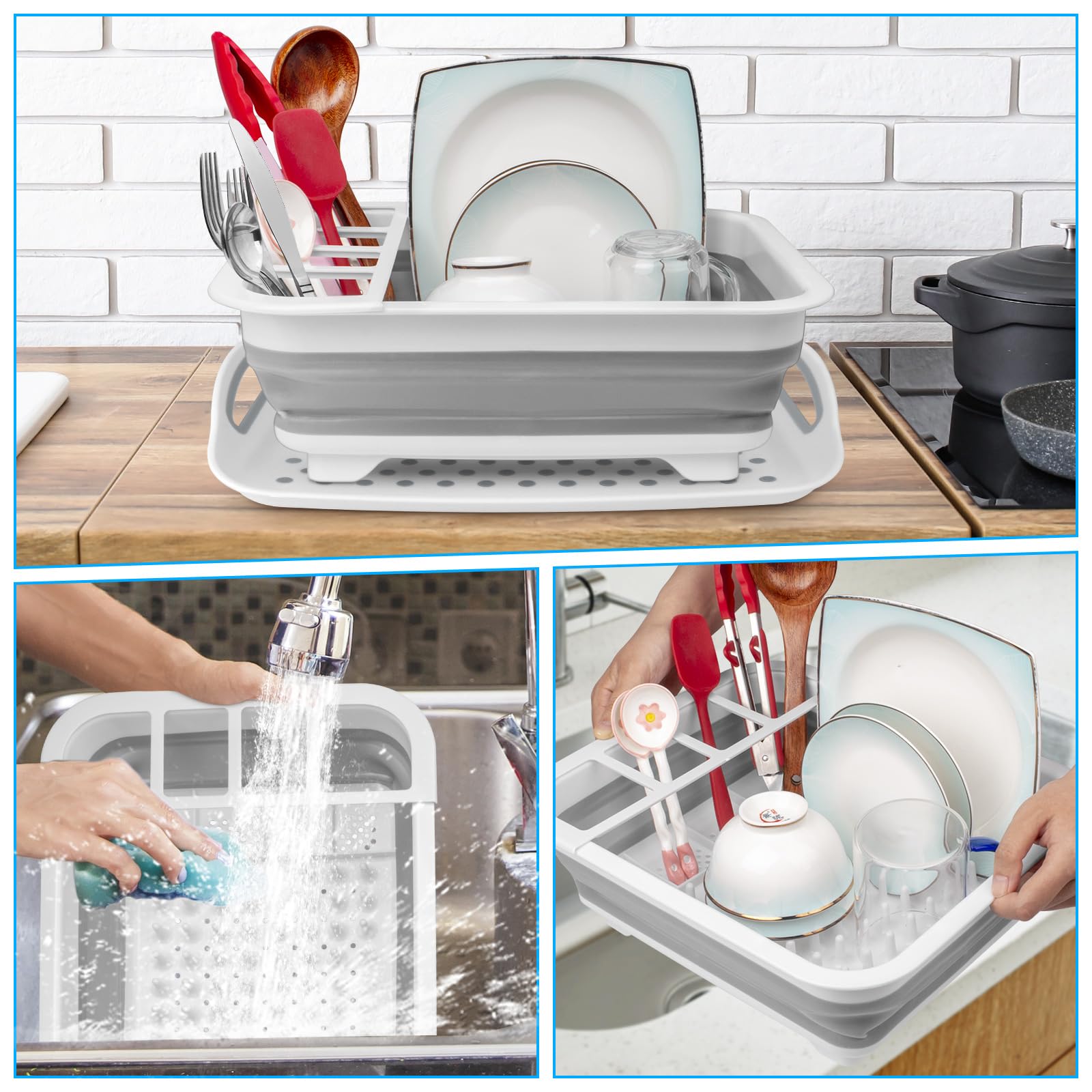 Seropy over-sink rack features raised bottom for improved drainage and counter cleanliness.