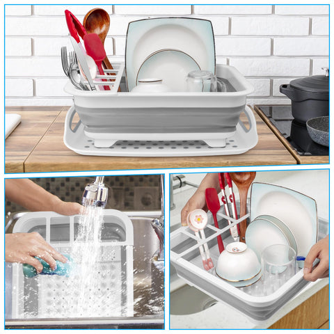 Seropy over-sink rack features raised bottom for improved drainage and counter cleanliness.